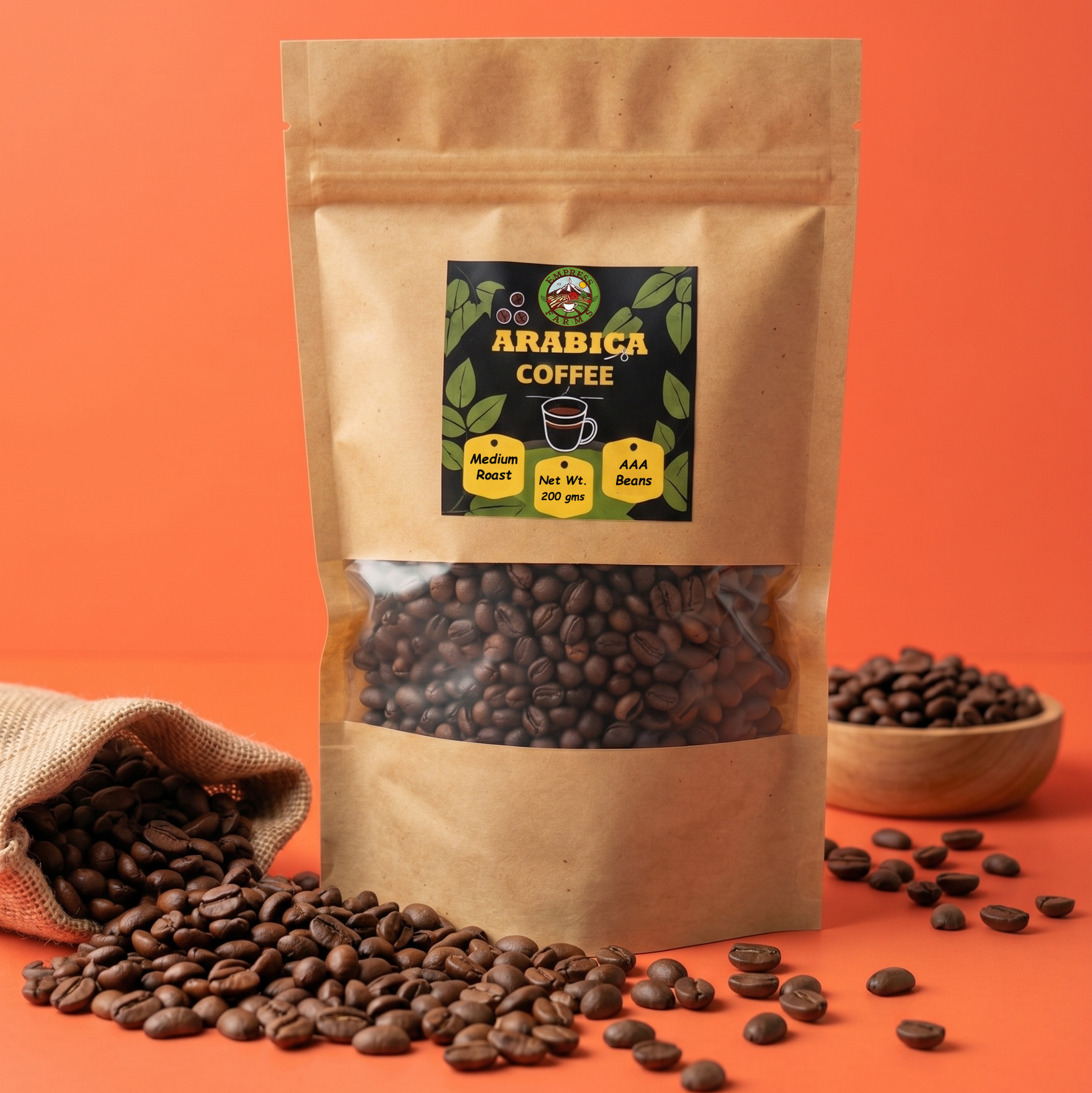 Empress Farms Arabica Whole Beans 200g on orange background