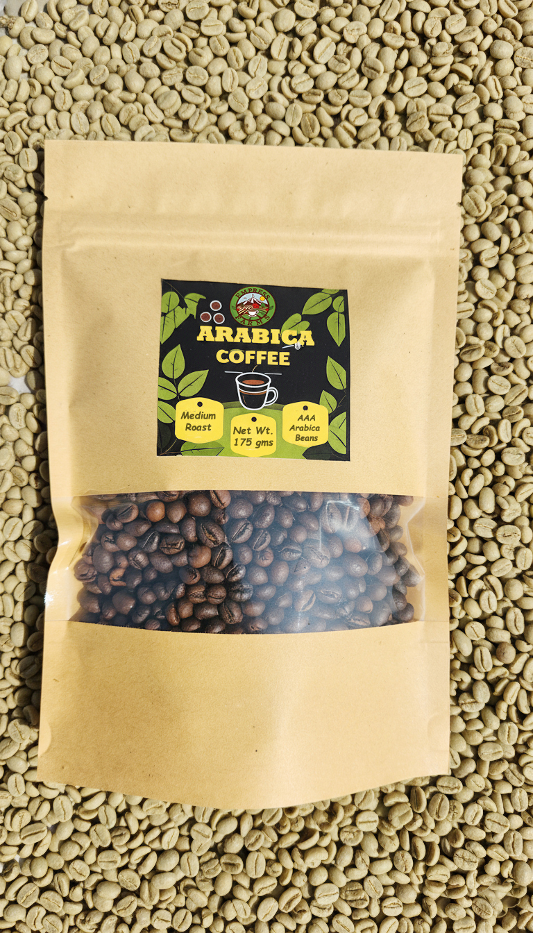 Empress Farms Arabica Whole Beans 175g on green beans background