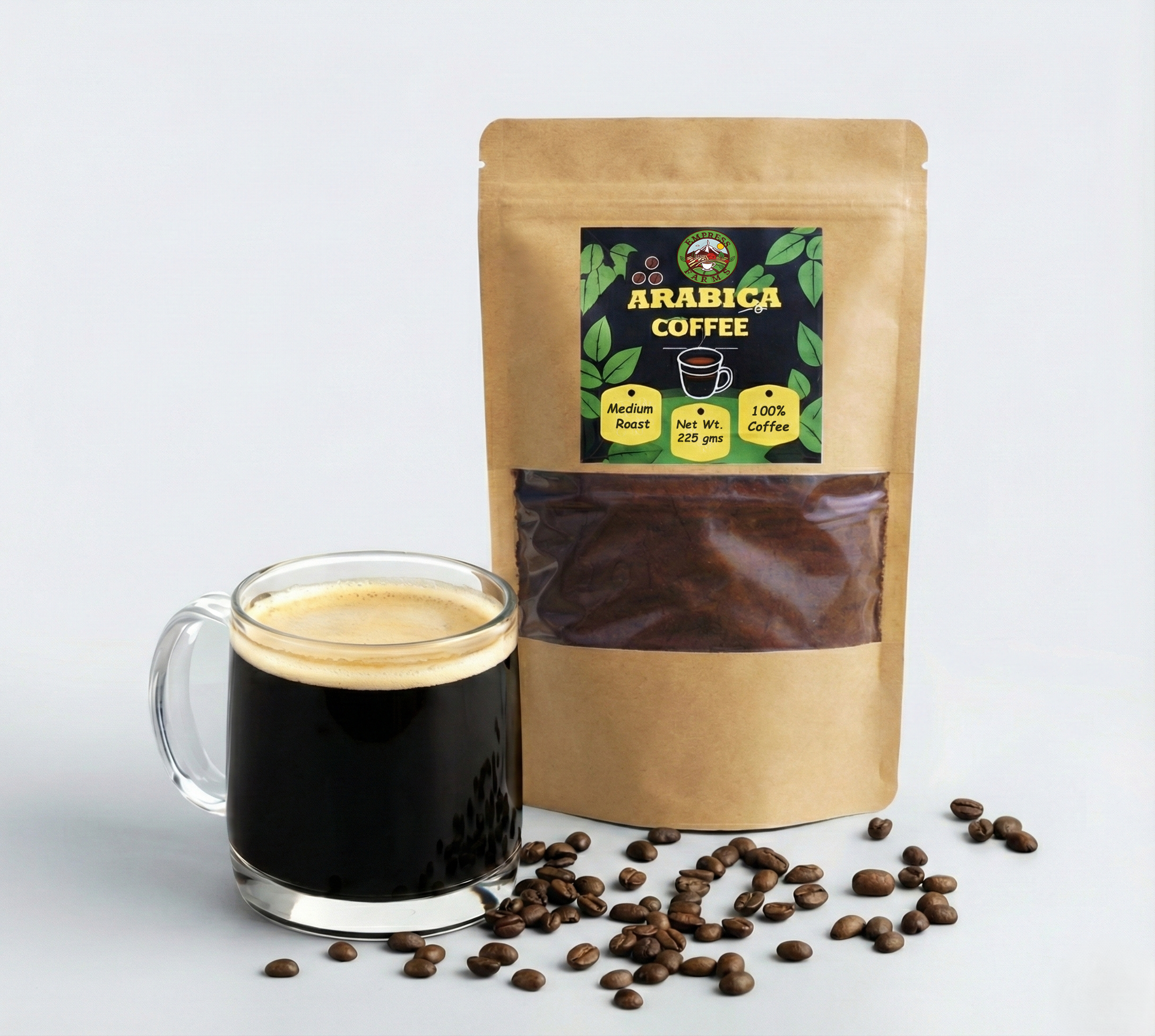 Empress Farms Arabica Coffee Powder 225g with brewed cup