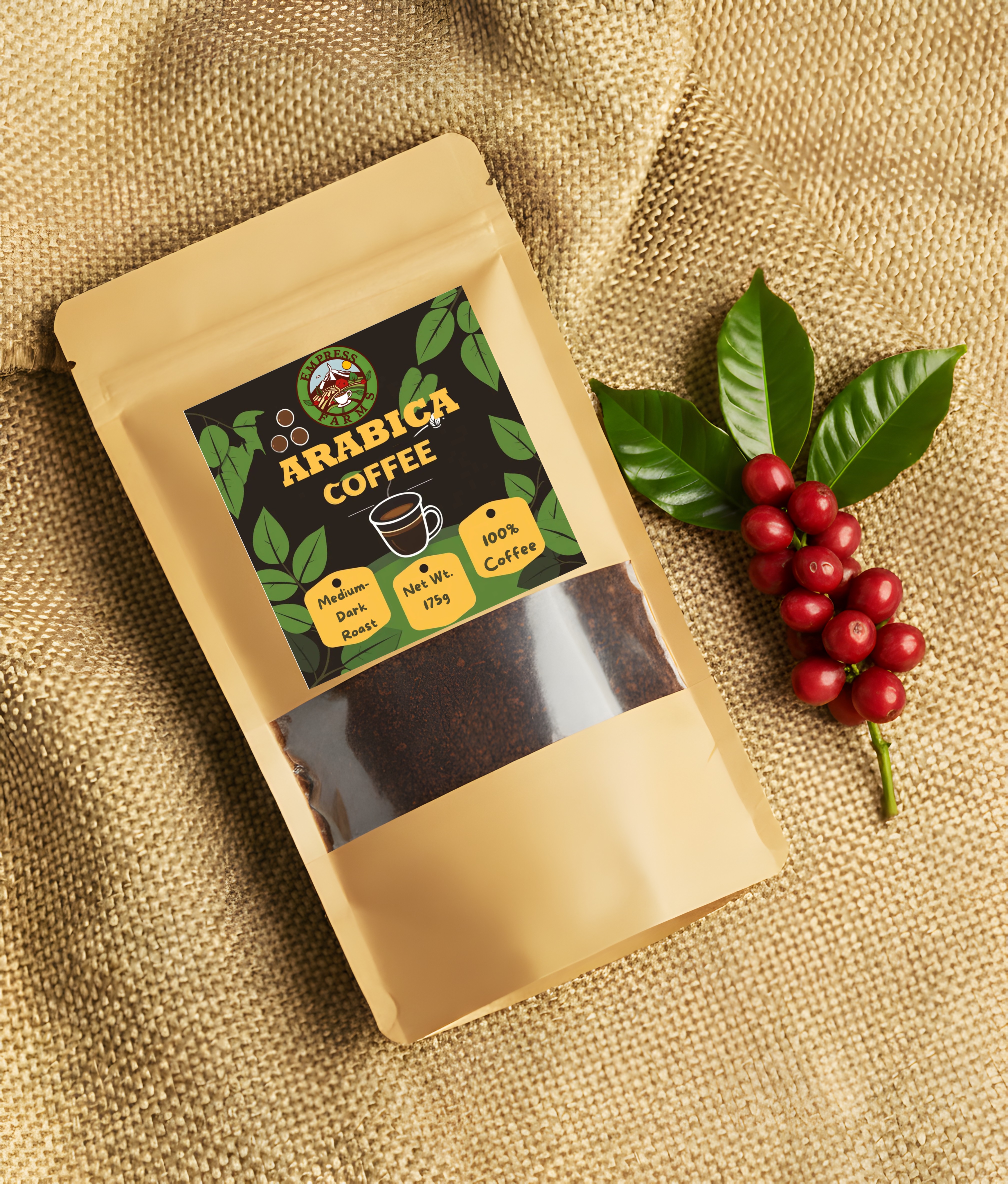 Empress Farms Arabica Dark Roast Powder 175g on burlap with coffee cherries
