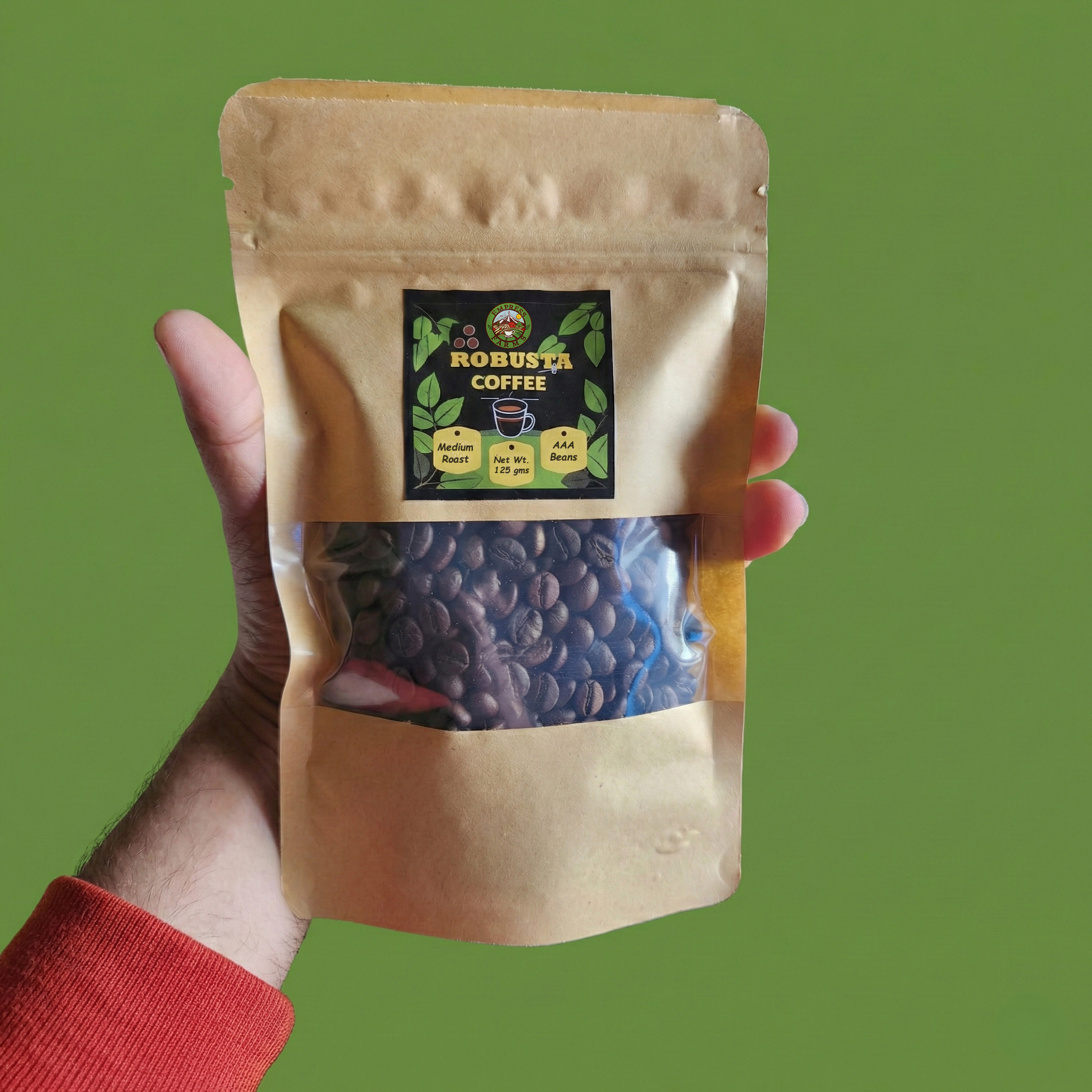 Empress Farms Robusta Whole Beans 125g on green background