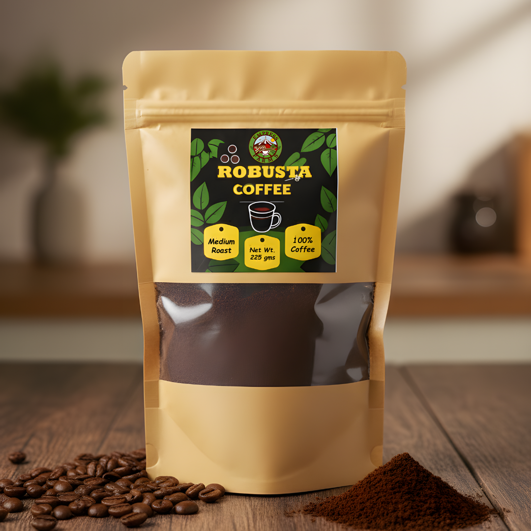 Empress Farms Robusta Coffee Powder 225g on wooden table