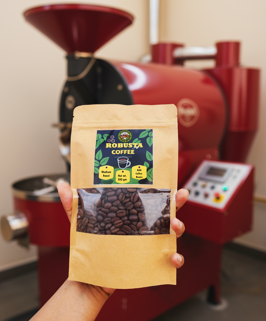 Empress Farms Robusta Whole Beans 200g held in front of roasting machine